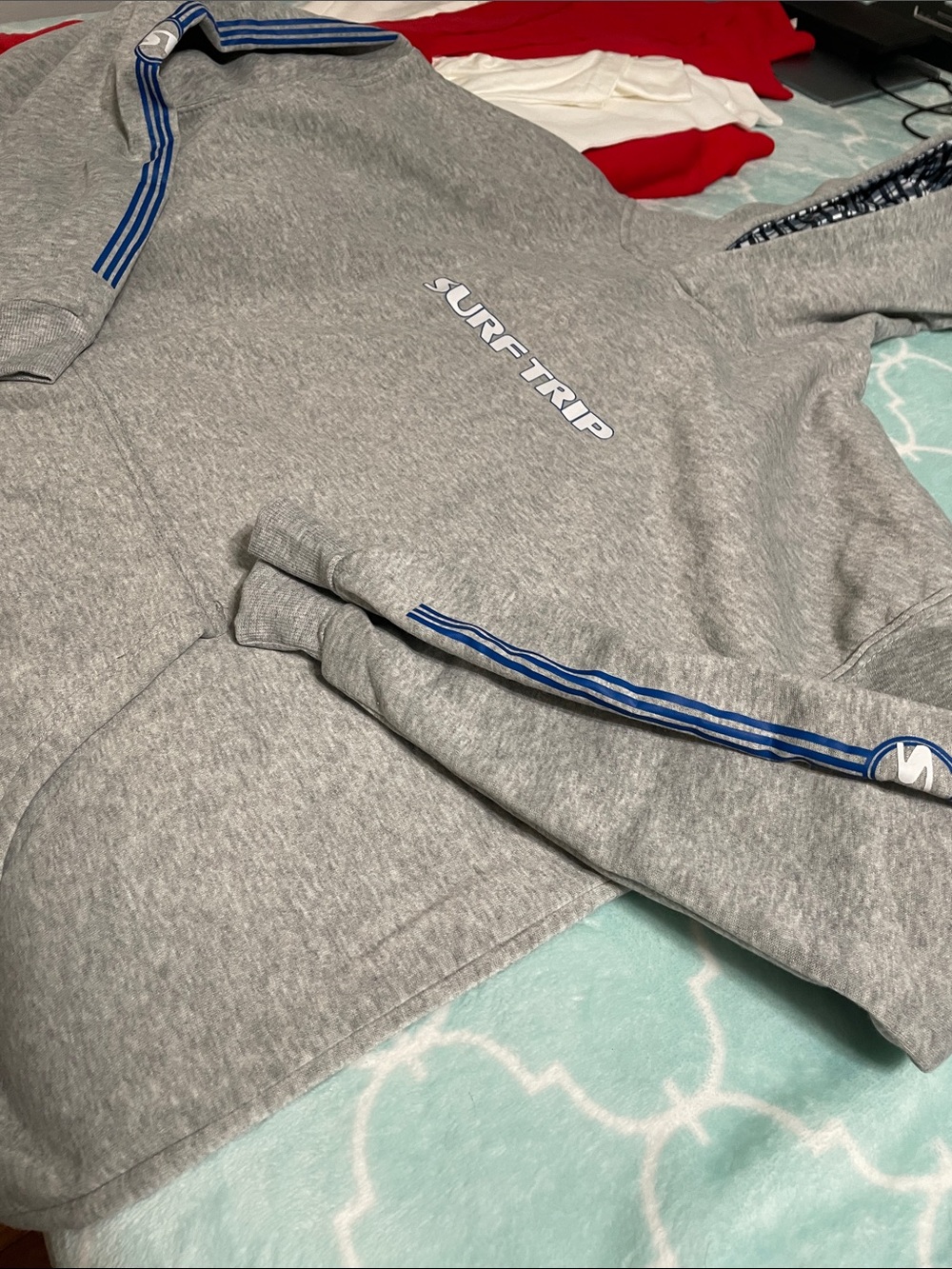 Surf trip California software Gray Hooded Sweatshirt with Blue Stripe Detail